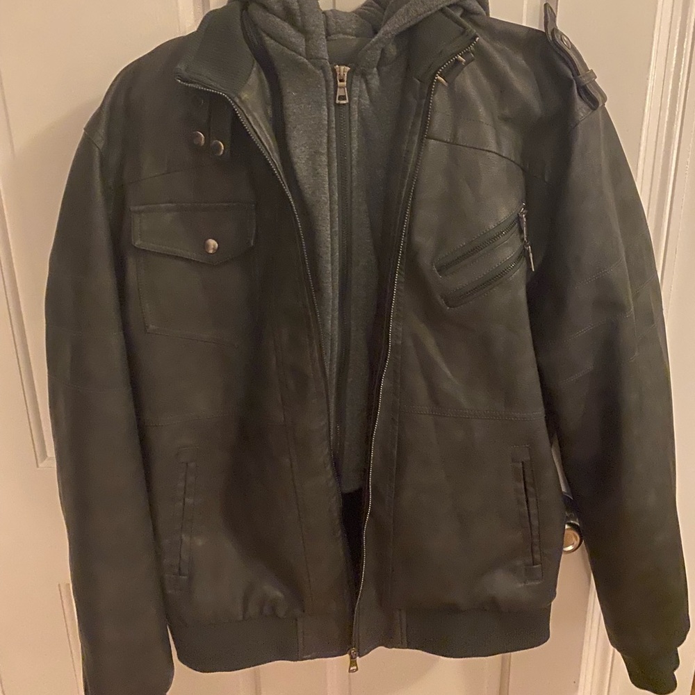 Black Faux Leather Men’s Jacket with removable hood